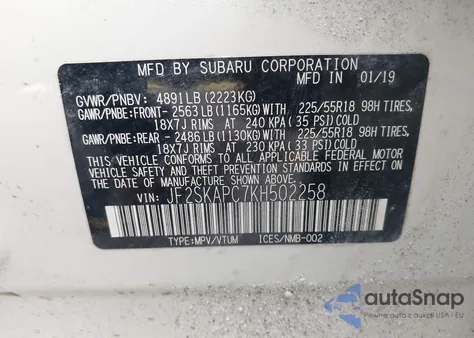 2019 Subaru Forester Sport from USA, damaged, VIN JF2SKAPC7KH502258